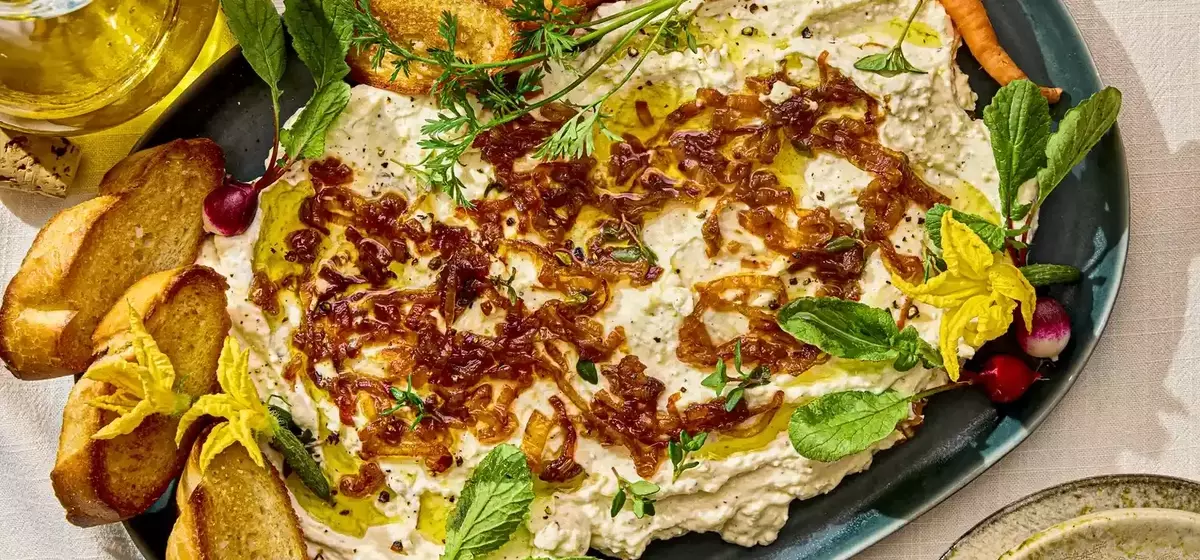Velvety Ricotta Dip with Sweet Caramelized Shallots and Herbs