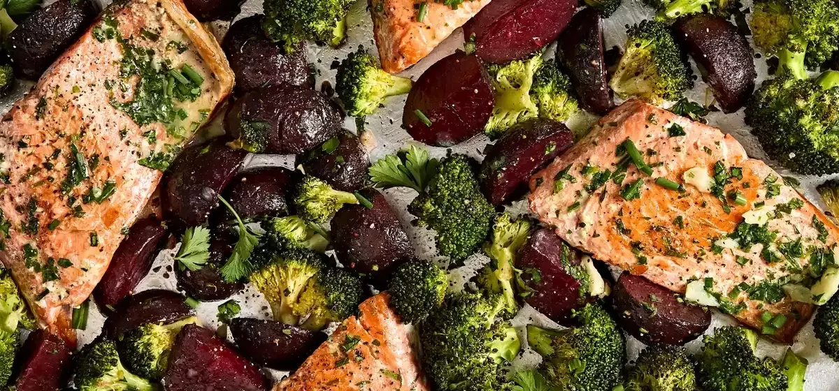 Garlic Butter-Roasted Salmon with Beets & Broccoli