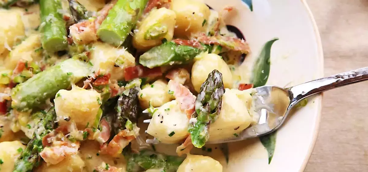 Rapid Ricotta Gnocchi with Spring Asparagus and Prosciutto Cream