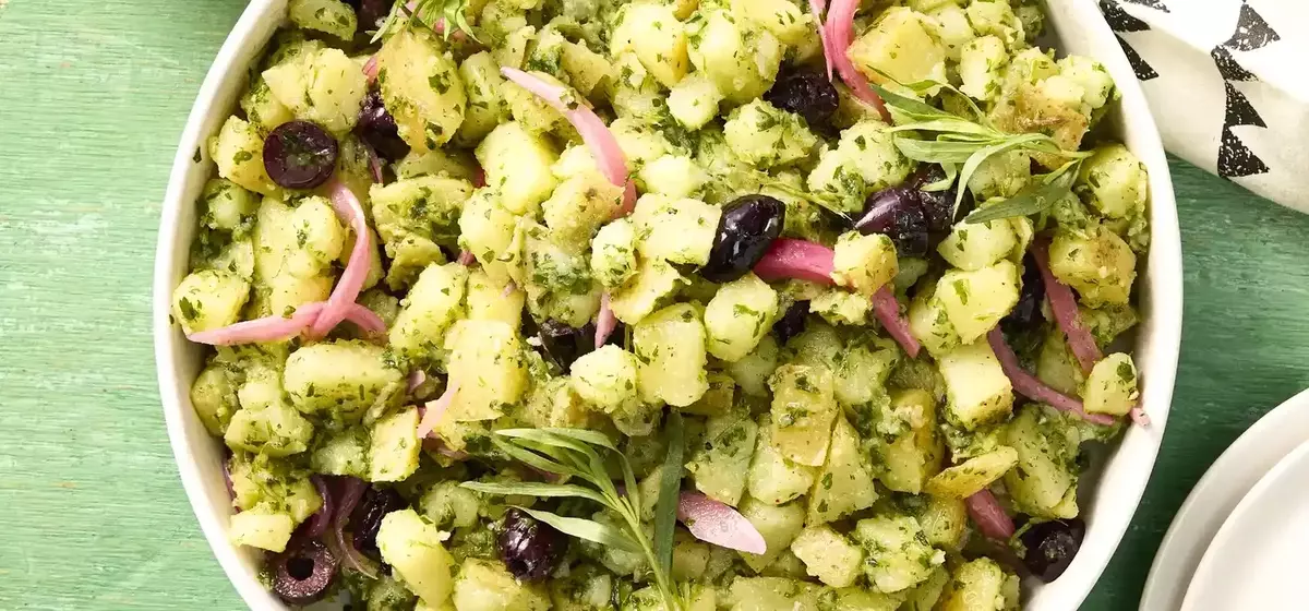 Yukon Gold Potato Salad with Tarragon Pesto and Pickled Onions
