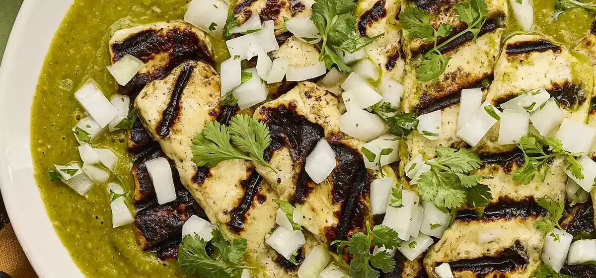 Grilled Panela Cheese with Roasted Tomatillo and Poblano Salsa