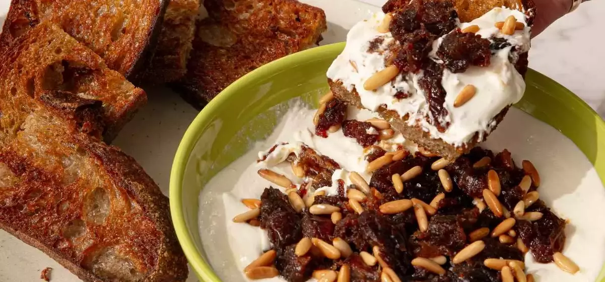 Creamy Feta Dip with Caramelized Dates and Toasted Pine Nuts
