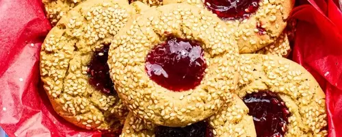Delectable Tahini Thumbprint Cookies with Raspberry Jam