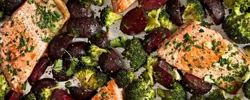 Garlic Butter-Roasted Salmon with Beets & Broccoli