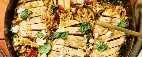 Delectable One-Pan Chicken, Spinach & Sun-Dried Tomato Orzo