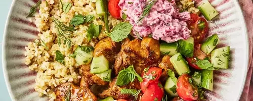 Flavorful Chicken Shawarma Bowls with Beet Tzatziki