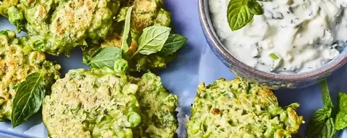 Spring Pea and Feta Fritters with Creamy Yogurt Dip