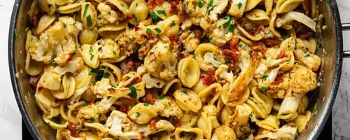 Lemon Pasta with Roasted Cauliflower, Capers, and Crispy Pancetta: A Weeknight Delight