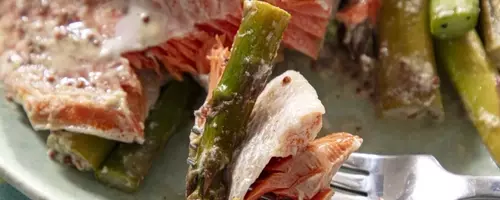 Quick Baked Salmon and Asparagus with Mustard Sauce