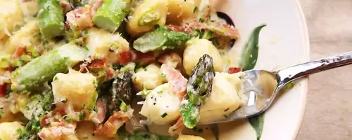 Rapid Ricotta Gnocchi with Spring Asparagus and Prosciutto Cream