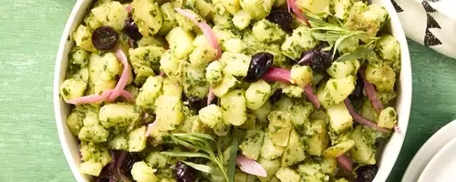 Yukon Gold Potato Salad with Tarragon Pesto and Pickled Onions