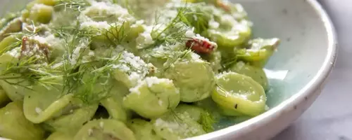 Creamy Orecchiette with Spring Onions, Fennel, and Crispy Bacon