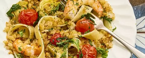 Mediterranean-Inspired Shrimp Pasta with Crispy Topping
