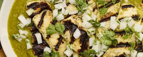 Grilled Panela Cheese with Roasted Tomatillo and Poblano Salsa