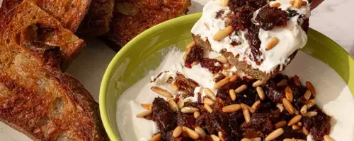 Creamy Feta Dip with Caramelized Dates and Toasted Pine Nuts